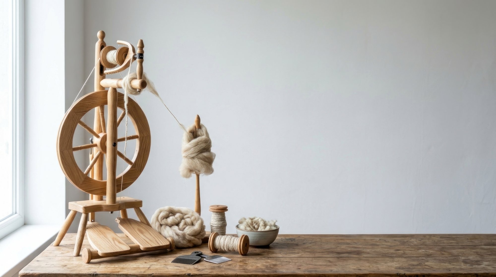 Atelier con tavolo da lavoro e fili appesi